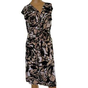 Dana Buchman Dress BOHO Small Tan Black White wrap knot stretch Autumnal Vtg